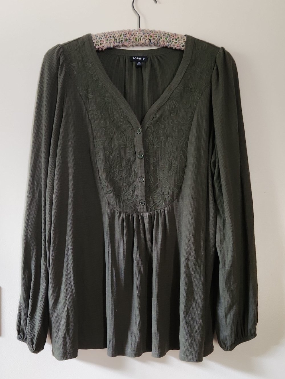 torrid Olive Embroidered Button-Front Peasant Blouse